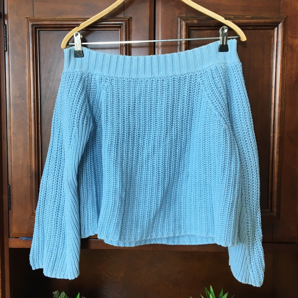 Off-the-Shoulder baby blue sweater